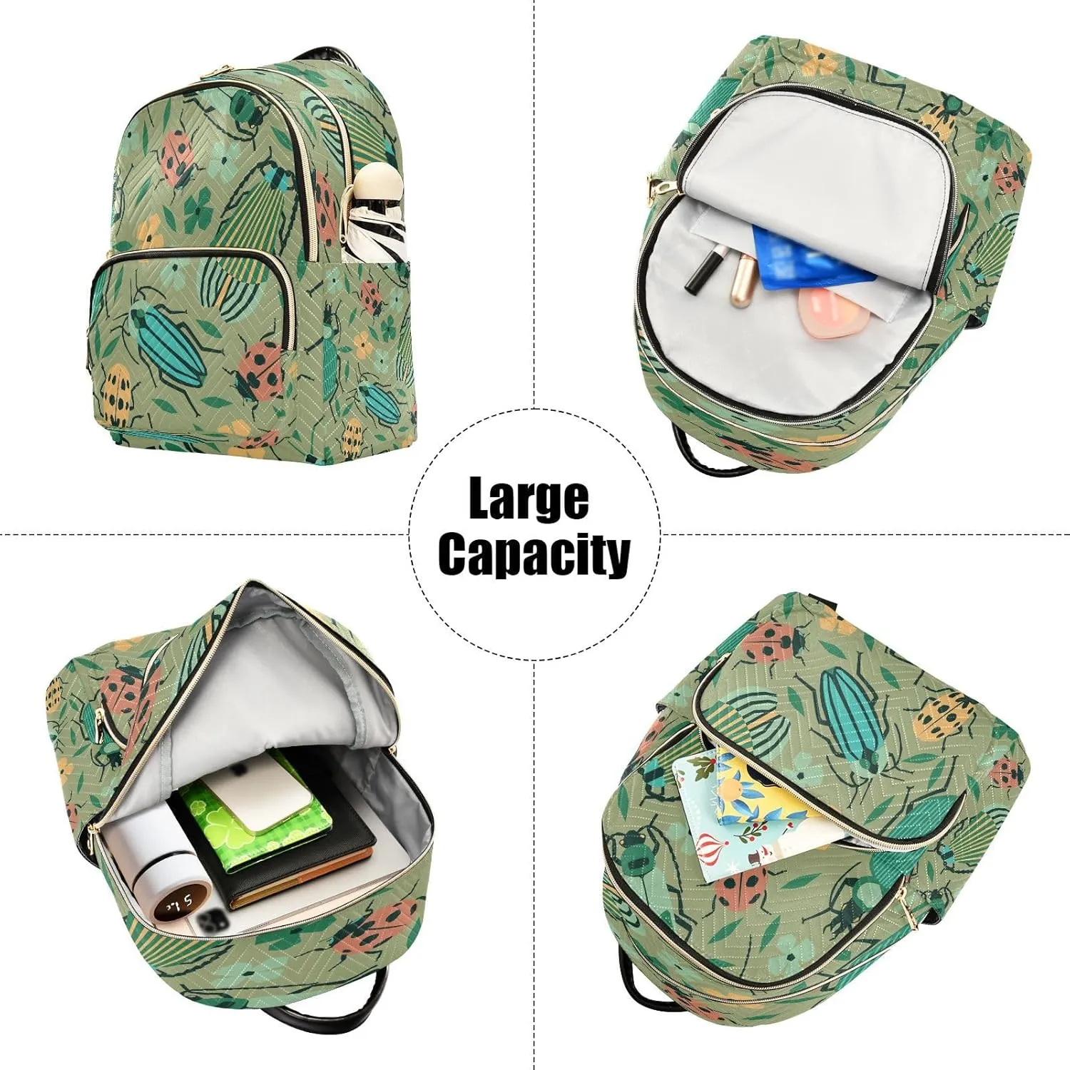 Exnundod Small Backpack for Women Beetles Bugs Summer Leaves Backpack Purse Travel Daypack Lightweight Backpack