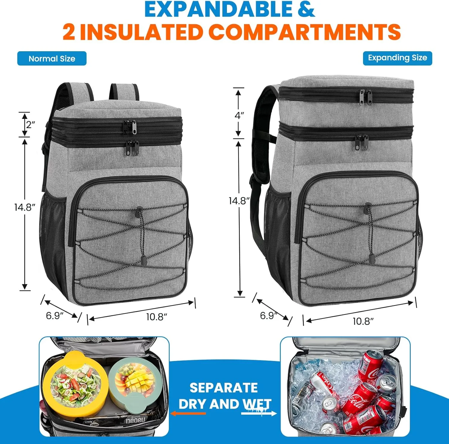 Expandable Backpack Coolers Insulated Leak Proof - 36/48 Cans Double Deck Cooler Backpack Waterproof - Soft Lightweight Portable Cooler Bag for Beach Picnic Camping Men and Women