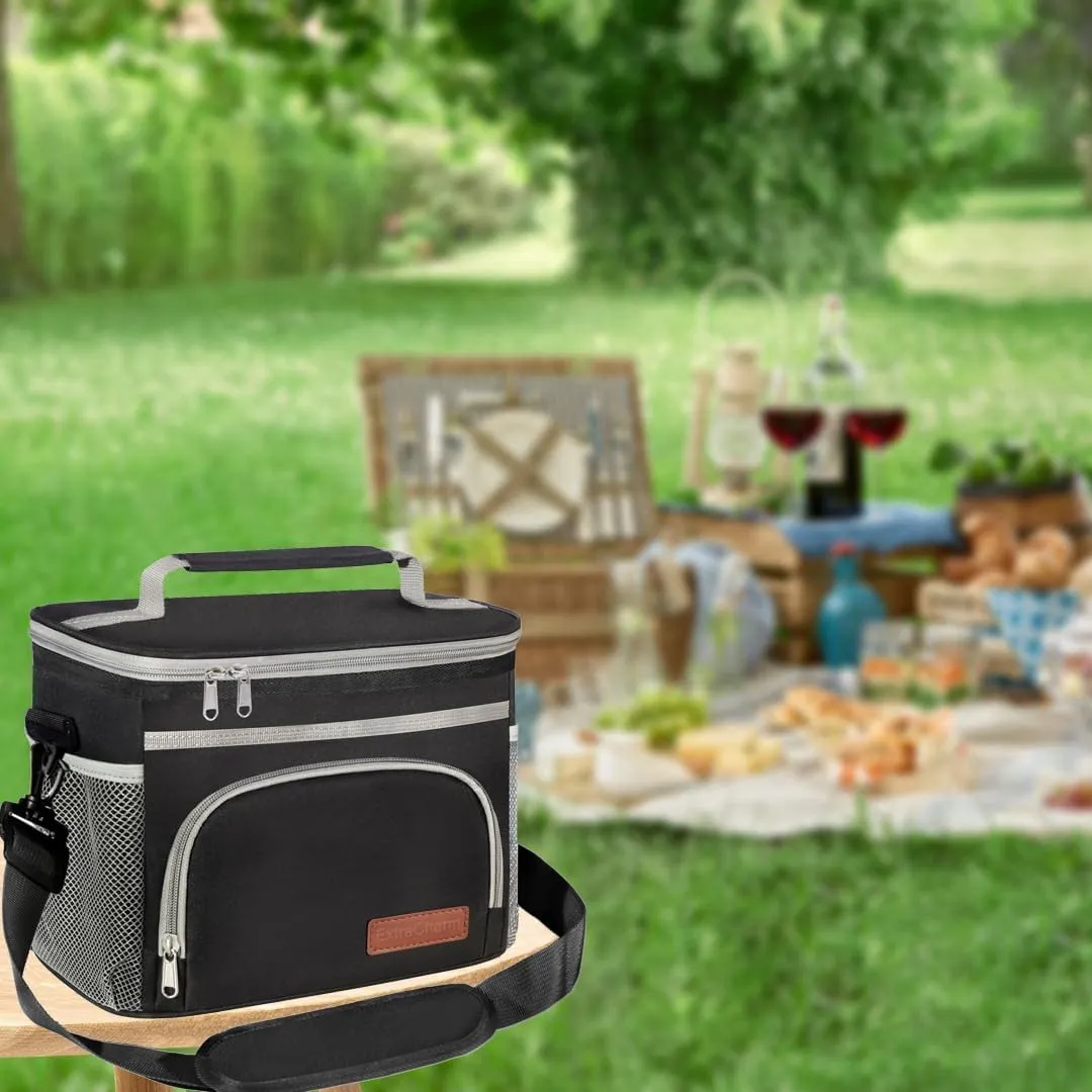 ExtraCharm Insulated Lunch Bag for Women/Men - Reusable Lunch Box for Office Picnic Hiking Beach - Leakproof Cooler Tote Bag Organizer with Adjustable Shoulder Strap for Adults-Black grey