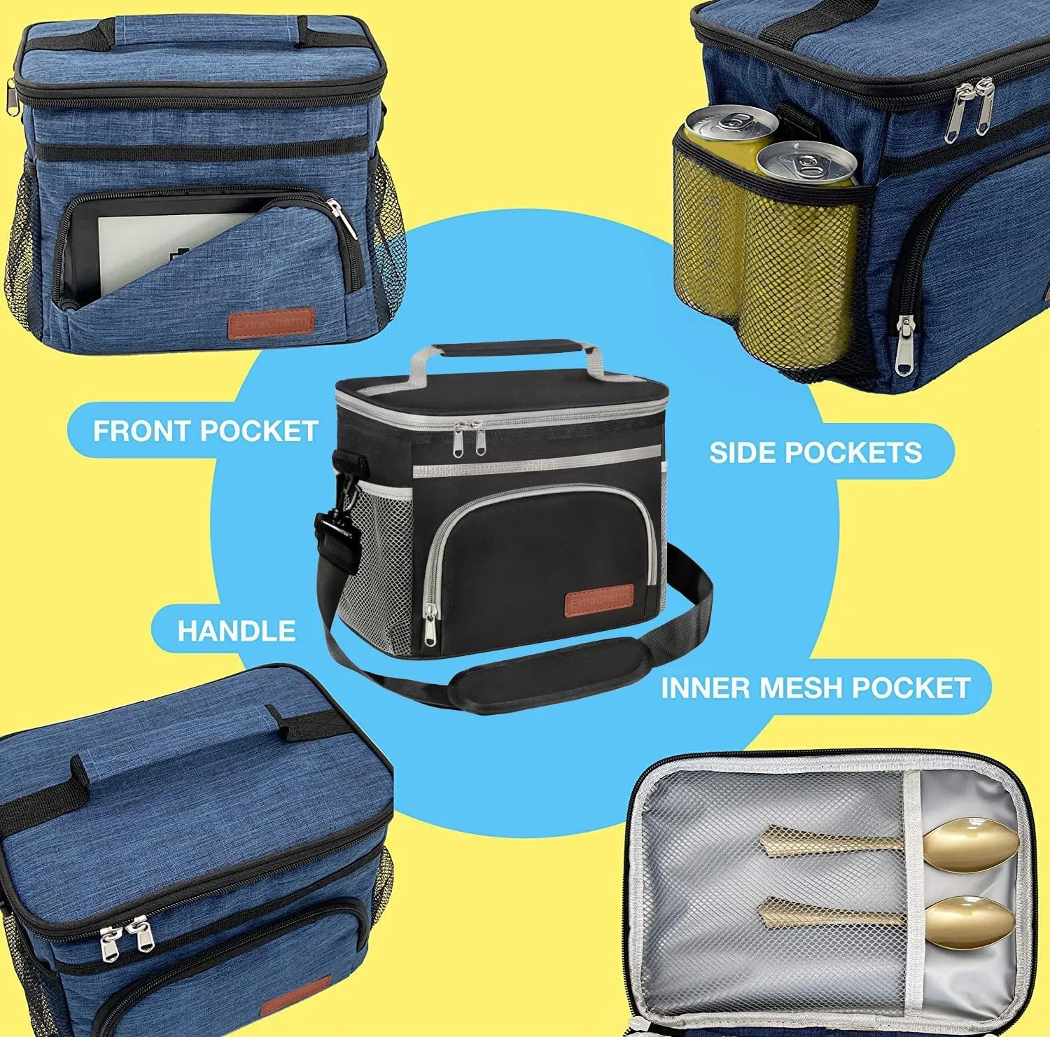 ExtraCharm Insulated Lunch Bag for Women/Men - Reusable Lunch Box for Office Picnic Hiking Beach - Leakproof Cooler Tote Bag Organizer with Adjustable Shoulder Strap for Adults-Black grey
