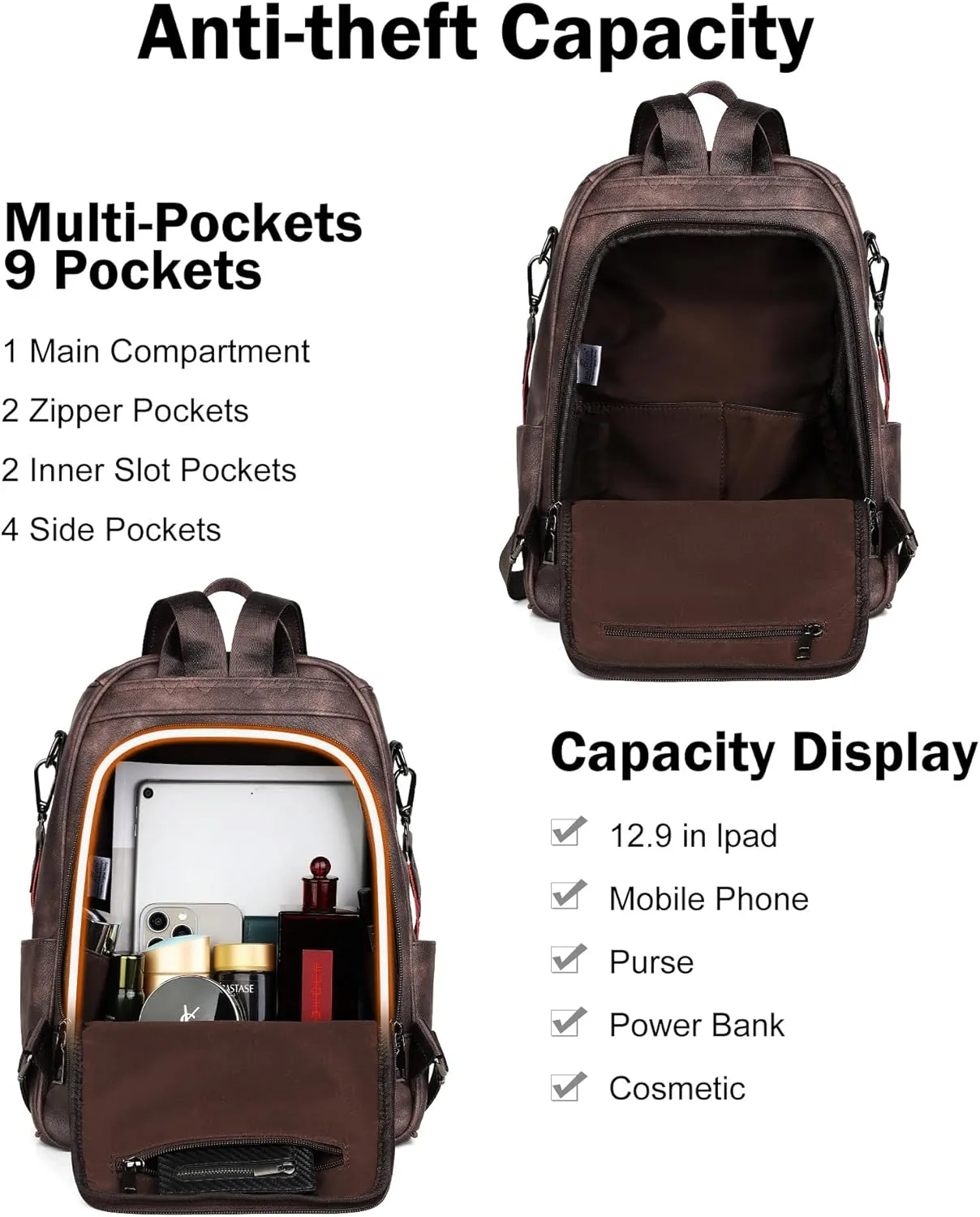 FADEON Anti Theft Backpack for Women Faux Leather Backpack Purse, Back Opening Small Backpack Fashion Work Bag Coffee Brown