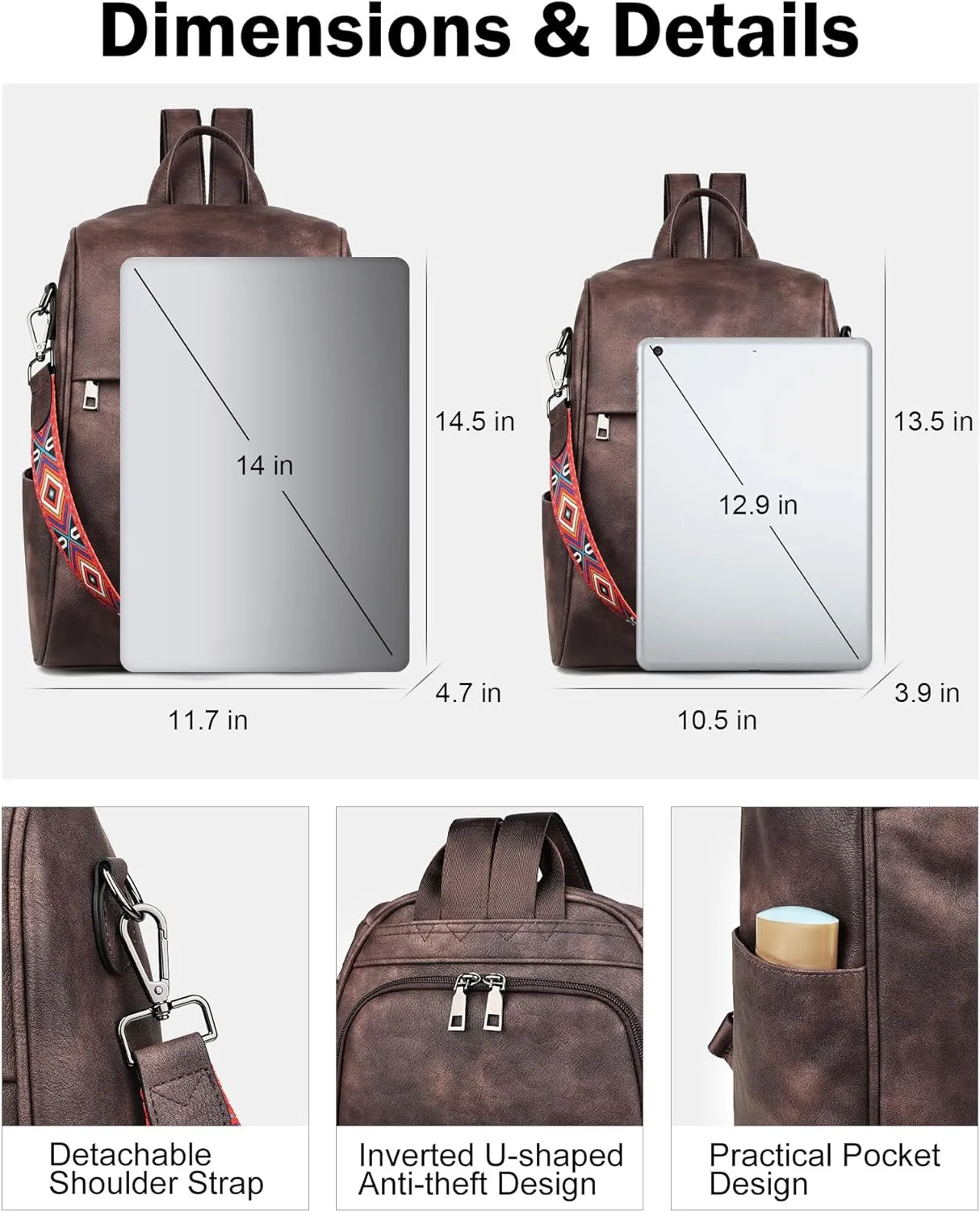FADEON Anti Theft Backpack for Women Faux Leather Backpack Purse, Back Opening Small Backpack Fashion Work Bag Coffee Brown
