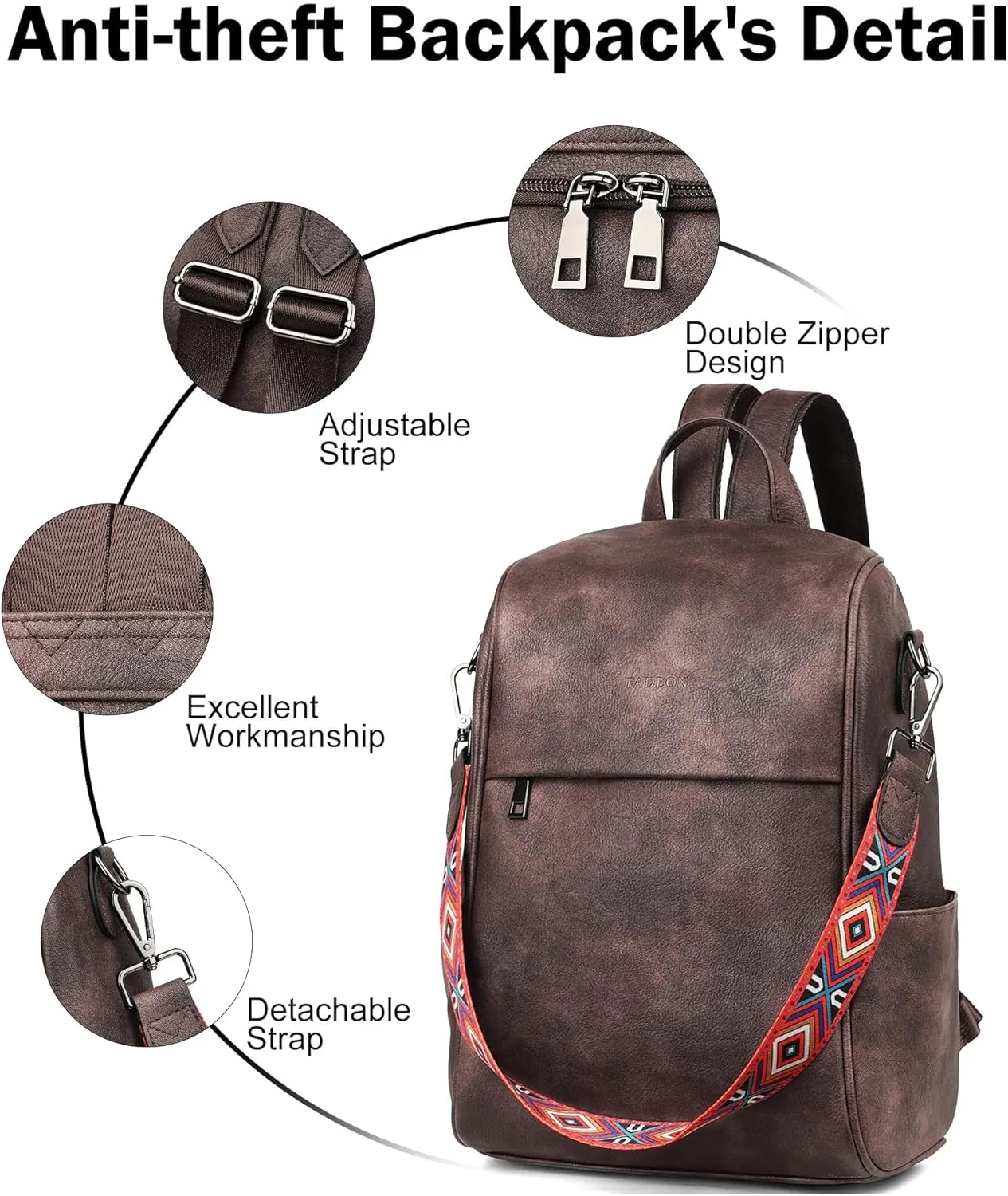 FADEON Anti Theft Backpack for Women Faux Leather Backpack Purse, Back Opening Small Backpack Fashion Work Bag Coffee Brown