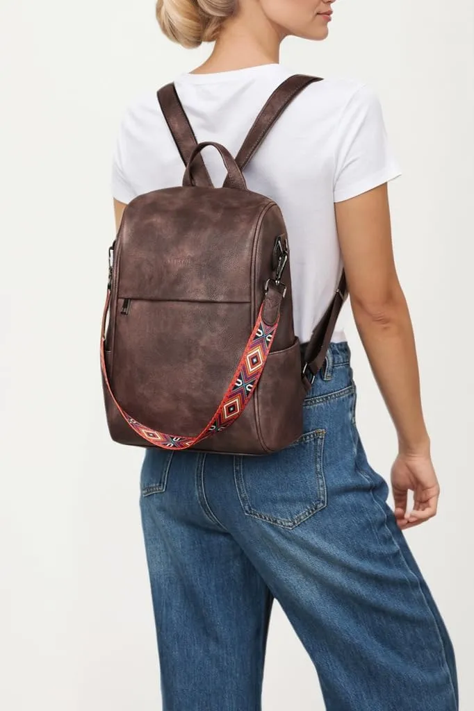 FADEON Anti Theft Backpack for Women Faux Leather Backpack Purse, Back Opening Small Backpack Fashion Work Bag Coffee Brown