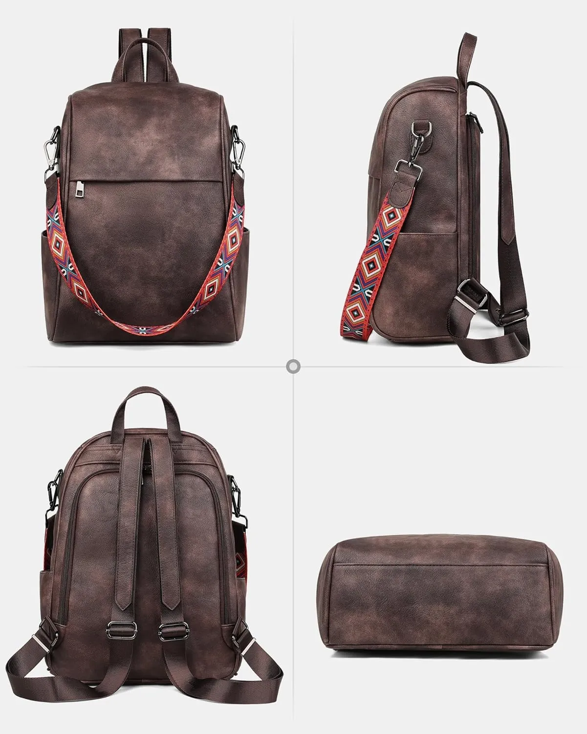 FADEON Anti Theft Backpack for Women Faux Leather Backpack Purse, Back Opening Small Backpack Fashion Work Bag Coffee Brown
