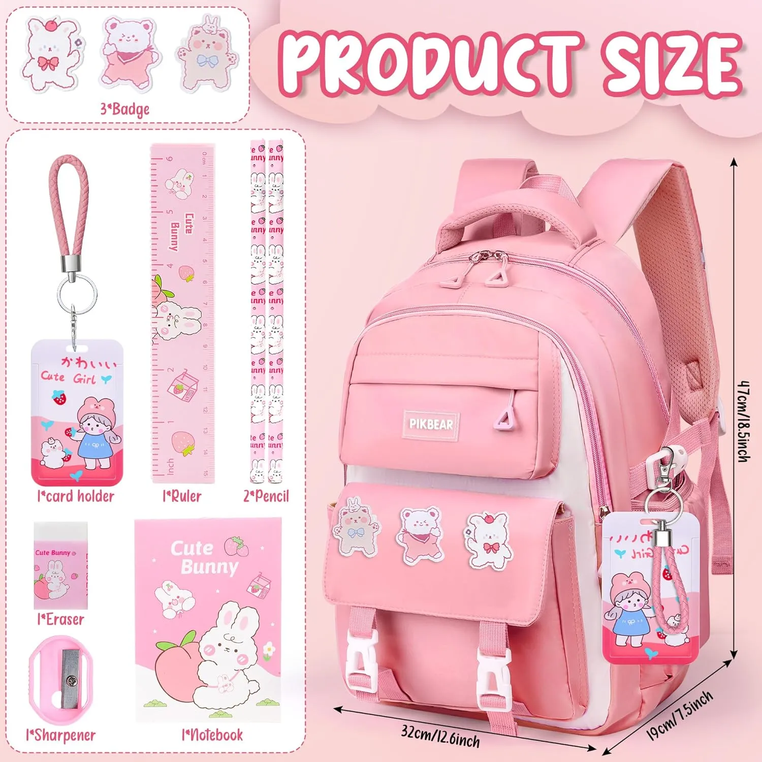 FAMATE Pink Backpack for Girls - Large Capacity School Backpack Set with Plush Keychain, 3 Cute Badges, 6-Piece Cute Stationery Kit, Bear Card Holder & Lanyard - Perfect for Kids, Toddlers & Teens