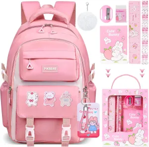 FAMATE Pink Backpack for Girls - Large Capacity School Backpack Set with Plush Keychain, 3 Cute Badges, 6-Piece Cute Stationery Kit, Bear Card Holder & Lanyard - Perfect for Kids, Toddlers & Teens