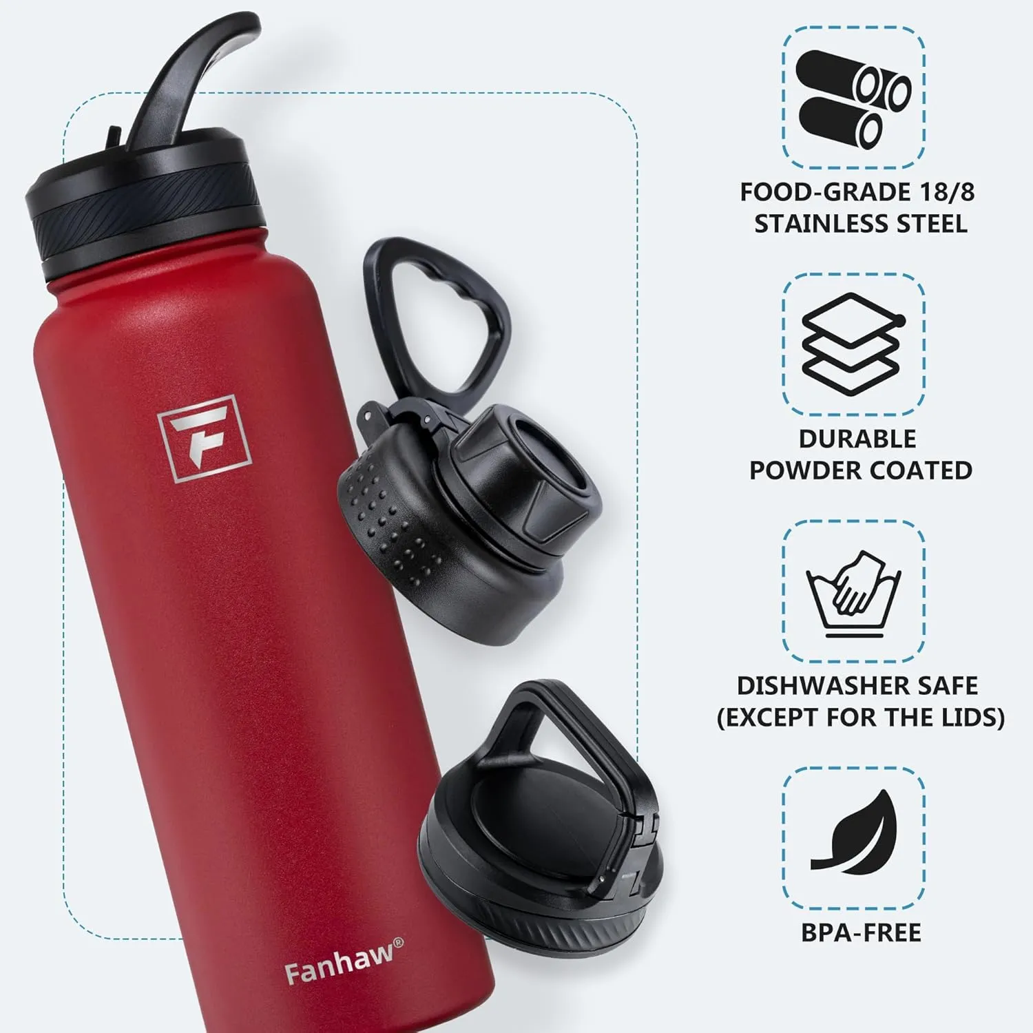 Fanhaw 40 oz Stainless Steel Insulated Water Bottle With 3 Lids (Straw, Spout and Carabiner Lid) - Double Walled Travel Thermal Canteen Mug (Red)