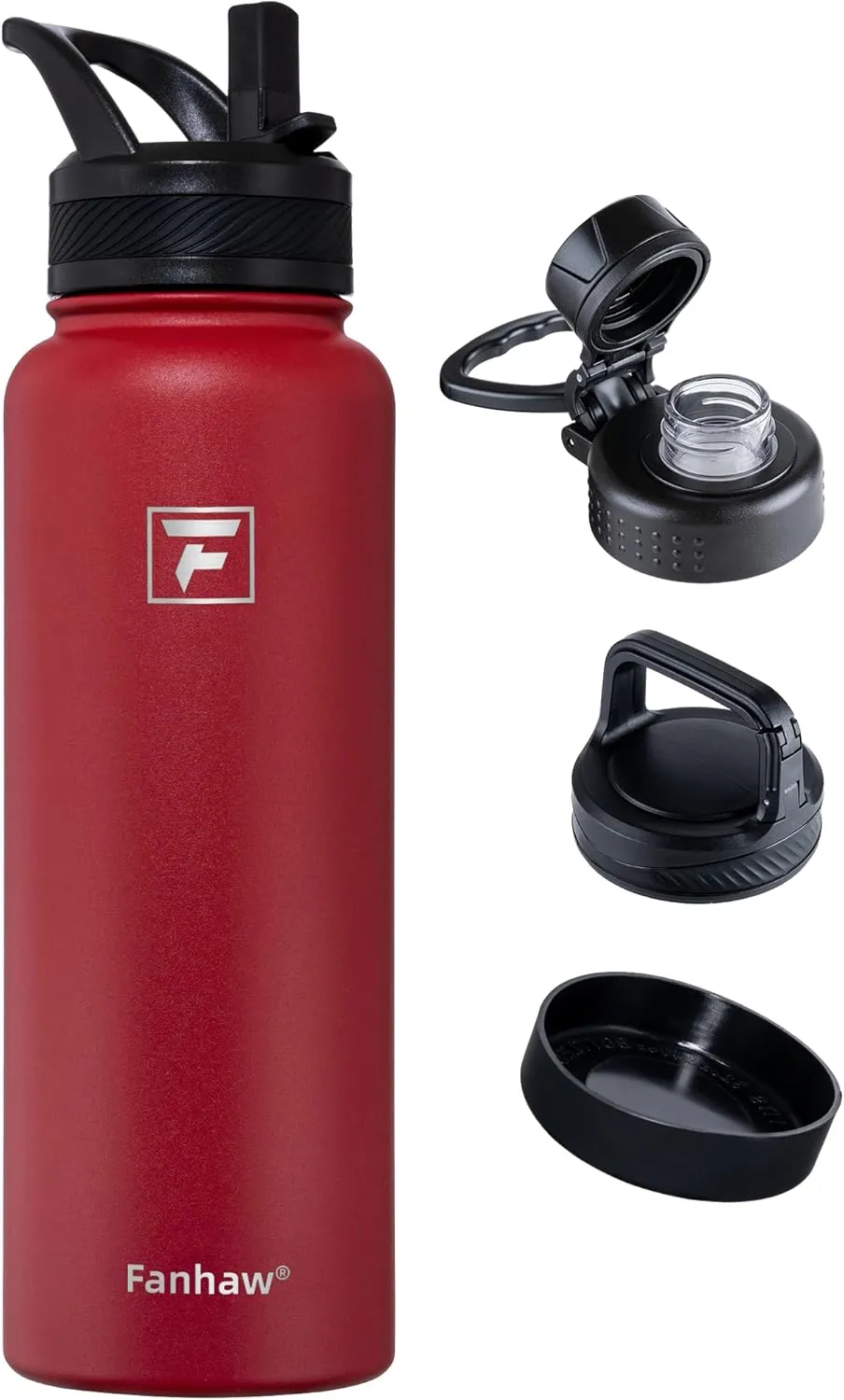 Fanhaw 40 oz Stainless Steel Insulated Water Bottle With 3 Lids (Straw, Spout and Carabiner Lid) - Double Walled Travel Thermal Canteen Mug (Red)