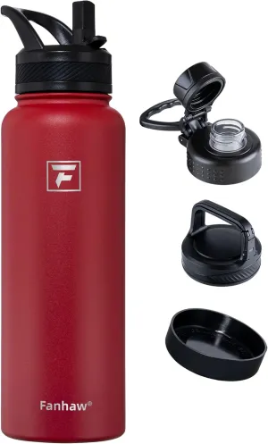 Fanhaw 40 oz Stainless Steel Insulated Water Bottle With 3 Lids (Straw, Spout and Carabiner Lid) - Double Walled Travel Thermal Canteen Mug (Red)