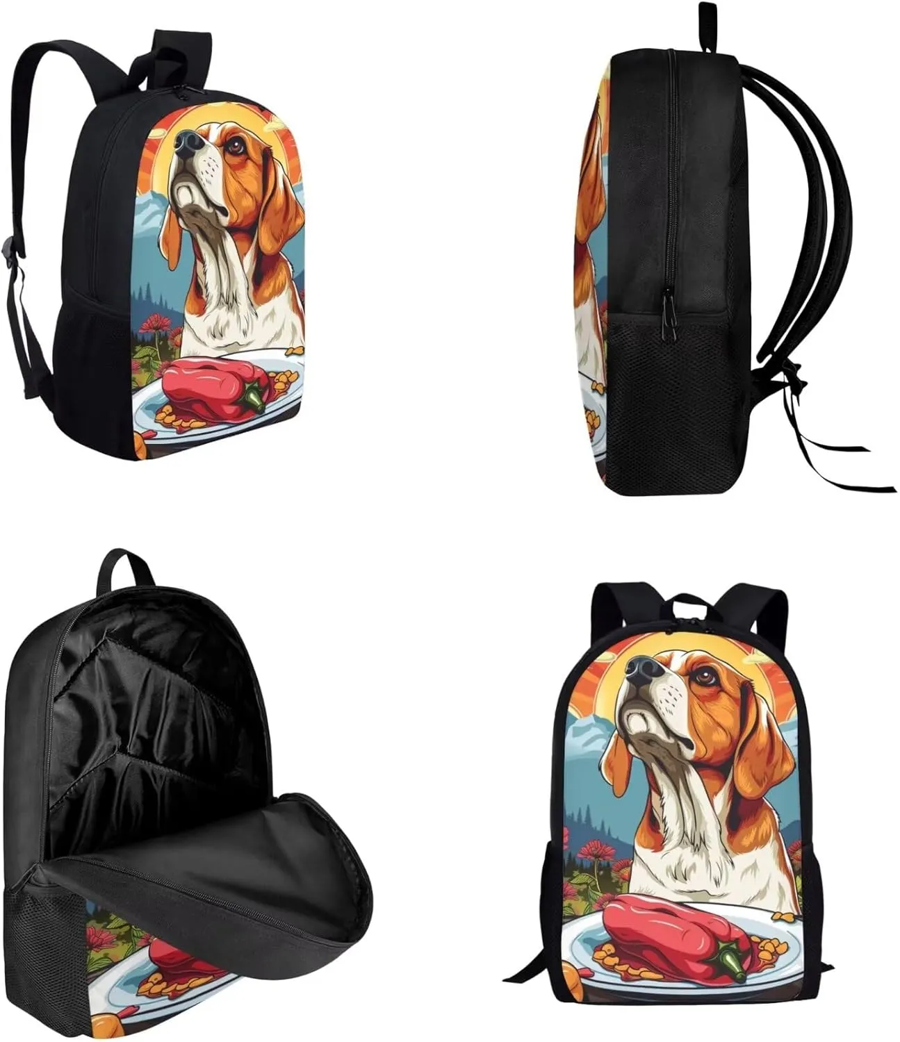 Fantastic Color Pepper Beagle Backpack for Girls Boys 17 Inch Bookbag with Insulated Lunch Bag Pencil Case Kids Cute Animal Print Backpack with Lunch Box Padded Back School Bag Orange