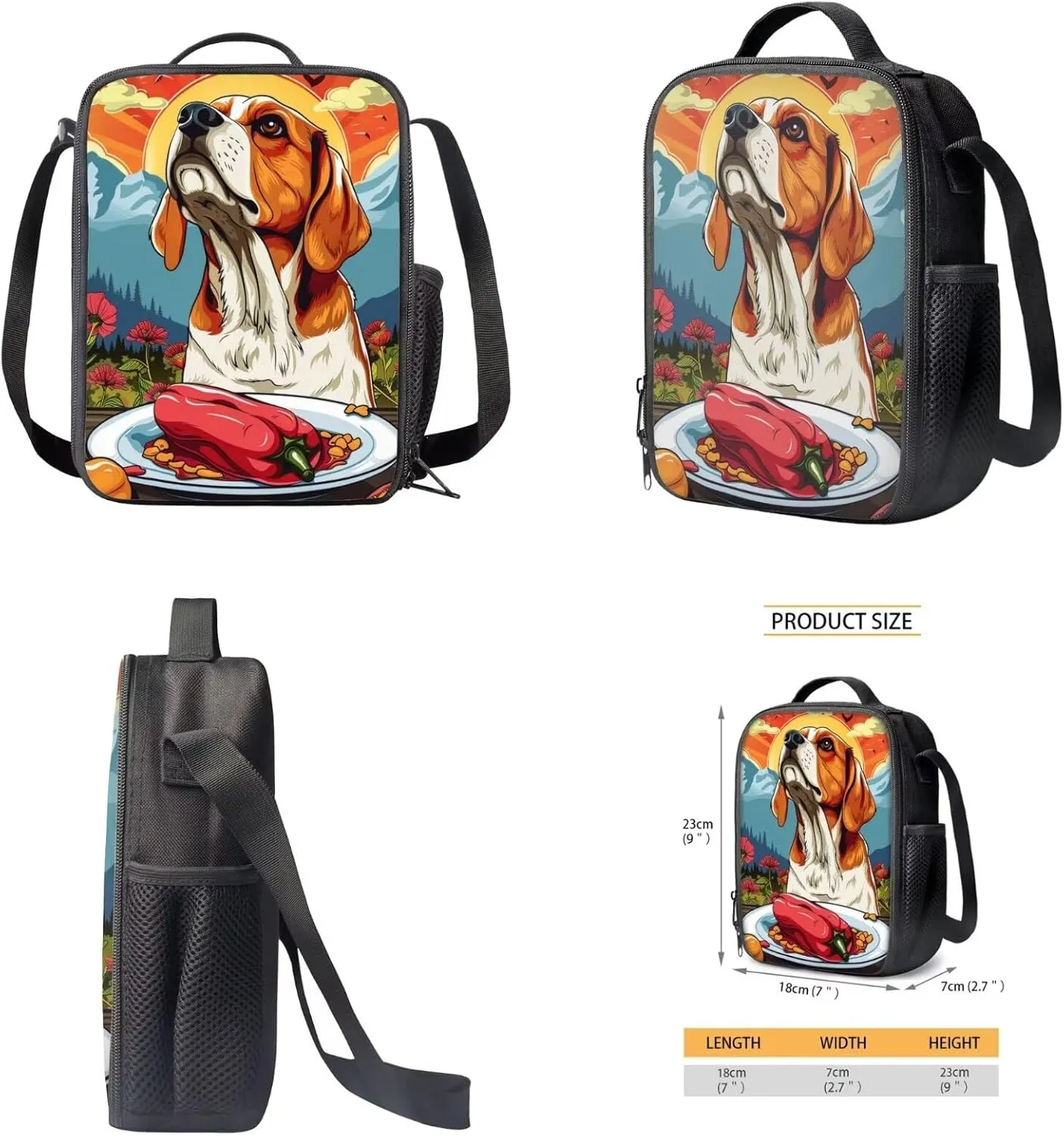 Fantastic Color Pepper Beagle Backpack for Girls Boys 17 Inch Bookbag with Insulated Lunch Bag Pencil Case Kids Cute Animal Print Backpack with Lunch Box Padded Back School Bag Orange