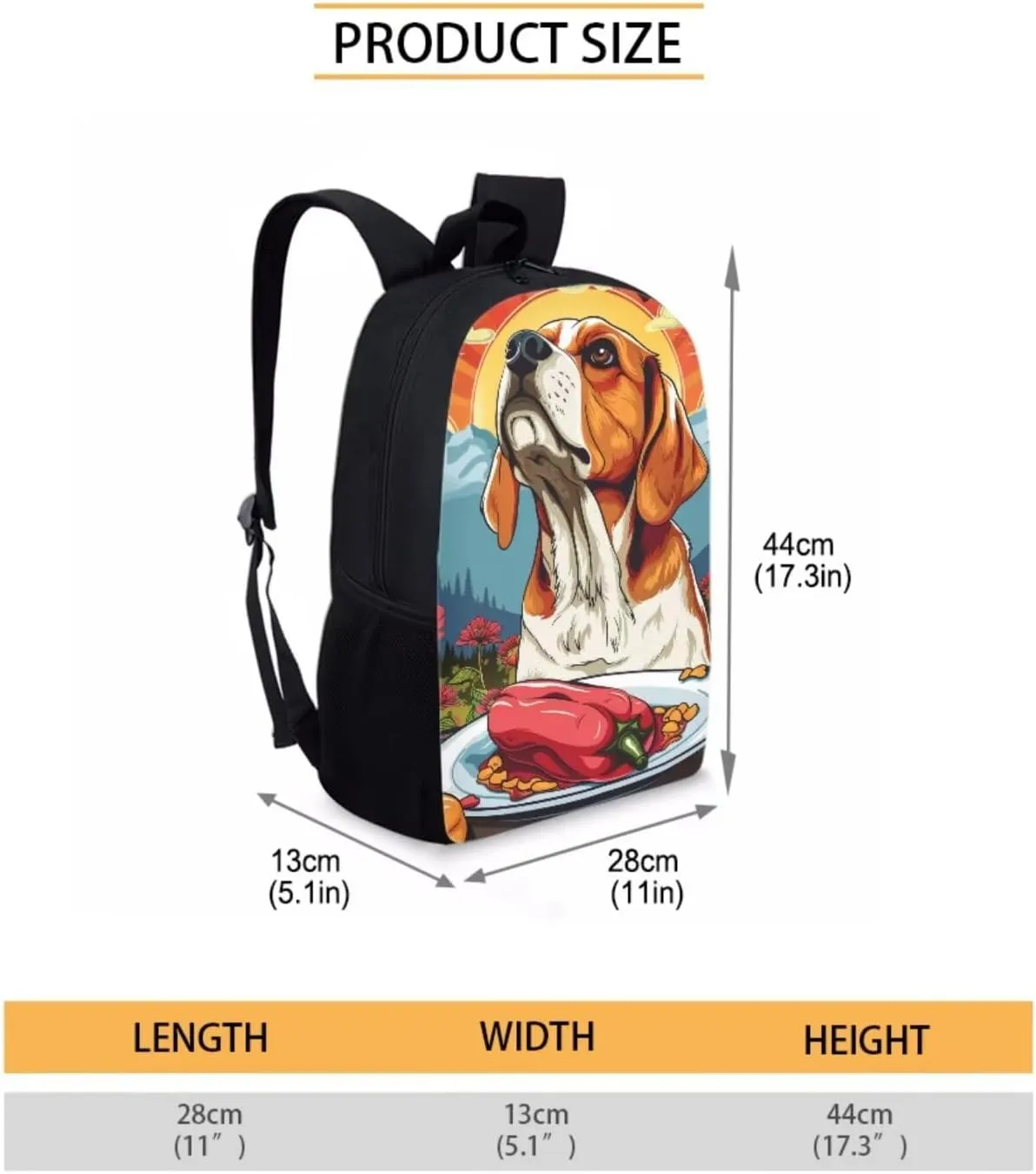 Fantastic Color Pepper Beagle Backpack for Girls Boys 17 Inch Bookbag with Insulated Lunch Bag Pencil Case Kids Cute Animal Print Backpack with Lunch Box Padded Back School Bag Orange