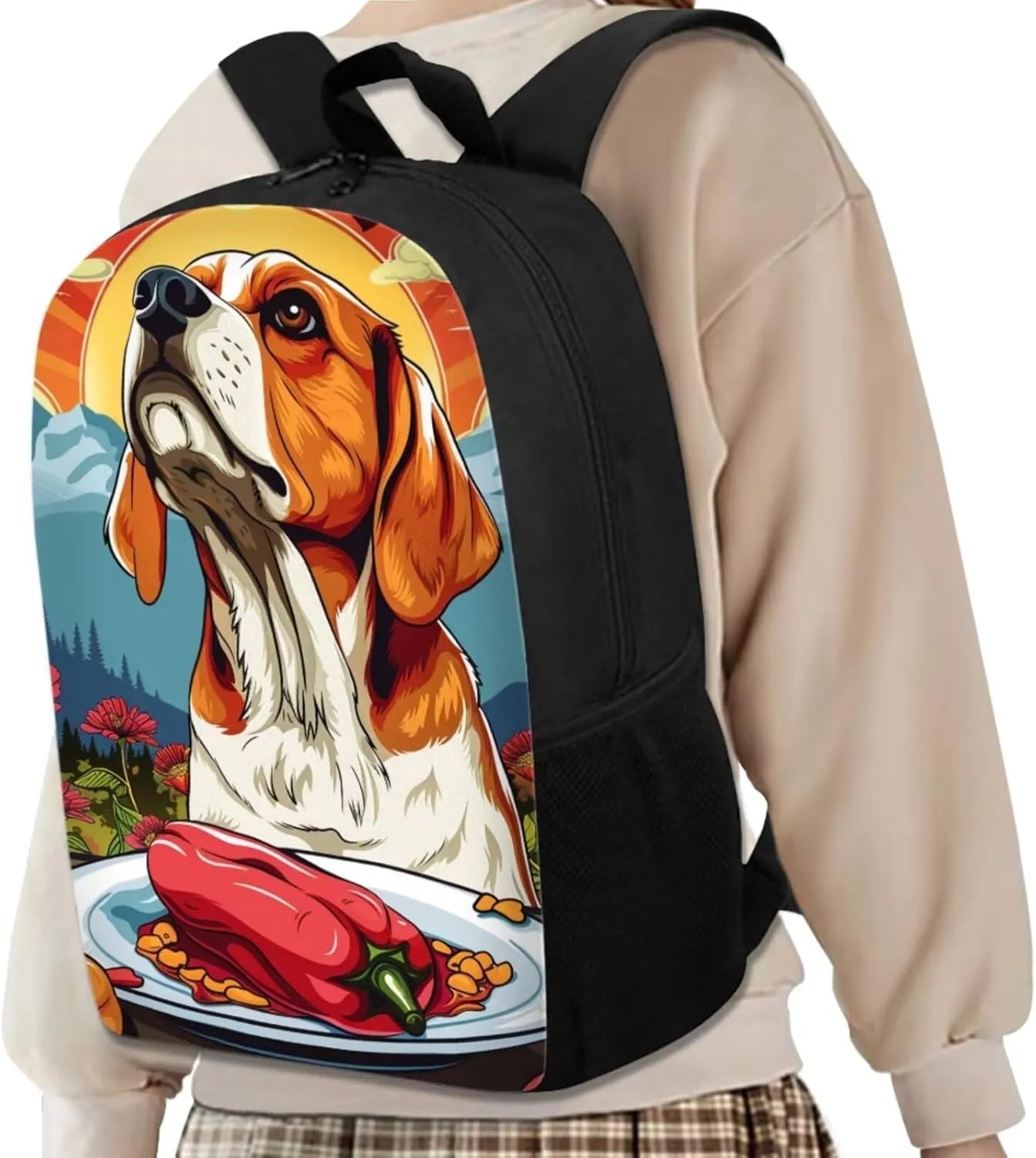 Fantastic Color Pepper Beagle Backpack for Girls Boys 17 Inch Bookbag with Insulated Lunch Bag Pencil Case Kids Cute Animal Print Backpack with Lunch Box Padded Back School Bag Orange