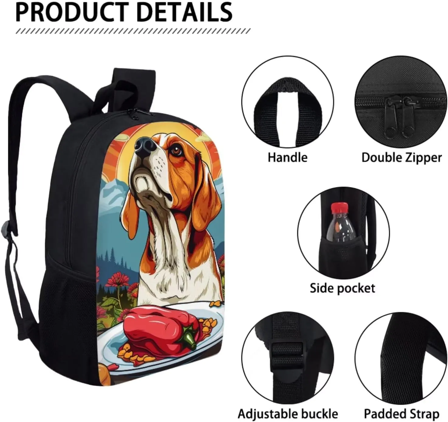 Fantastic Color Pepper Beagle Backpack for Girls Boys 17 Inch Bookbag with Insulated Lunch Bag Pencil Case Kids Cute Animal Print Backpack with Lunch Box Padded Back School Bag Orange