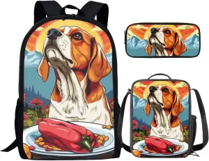 Fantastic Color Pepper Beagle Backpack for Girls Boys 17 Inch Bookbag with Insulated Lunch Bag Pencil Case Kids Cute Animal Print Backpack with Lunch Box Padded Back School Bag Orange