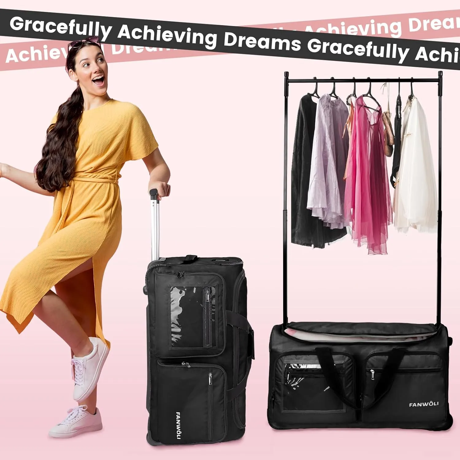 Fanwoli 23" Dance Bag with Garment Rack | Upgraded Stable System & Fabric | More Lightweight & Wear-Resistant | Ideal Competition Rolling Duffle Bag