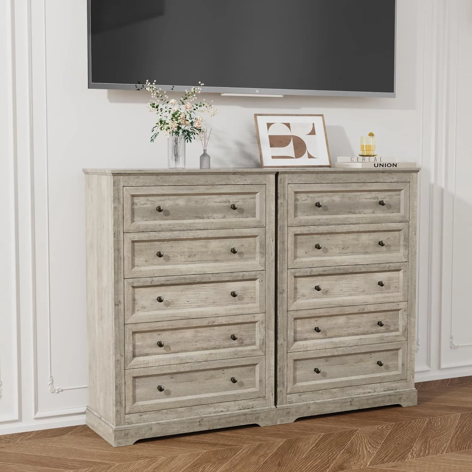 Farmhouse Dresser 5 Drawer, Bedroom Chest of Drawers, Dressers with 5 Drawers, Wooden Dressers for Bedroom, Living Room, Tv Stand, Entryway (Grey-5 Drawers)