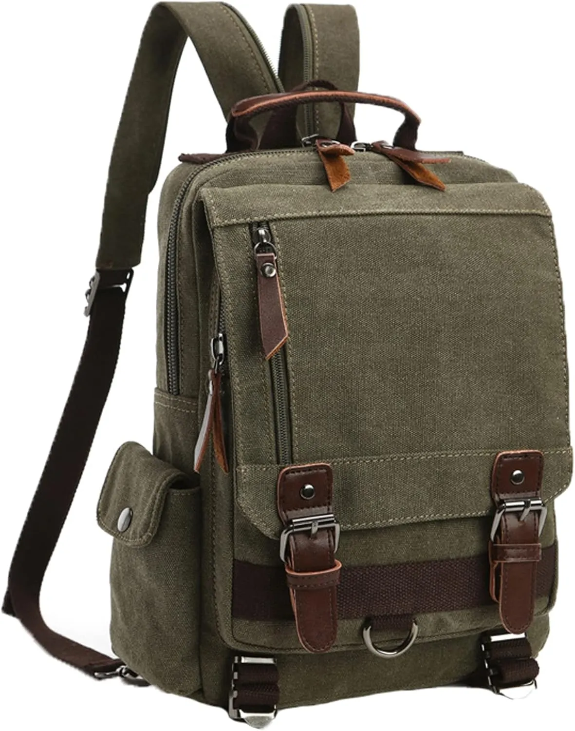 Fashion Canvas Outdoor Travel Crossbody Chest Bag Backpack Army green both shoulders
