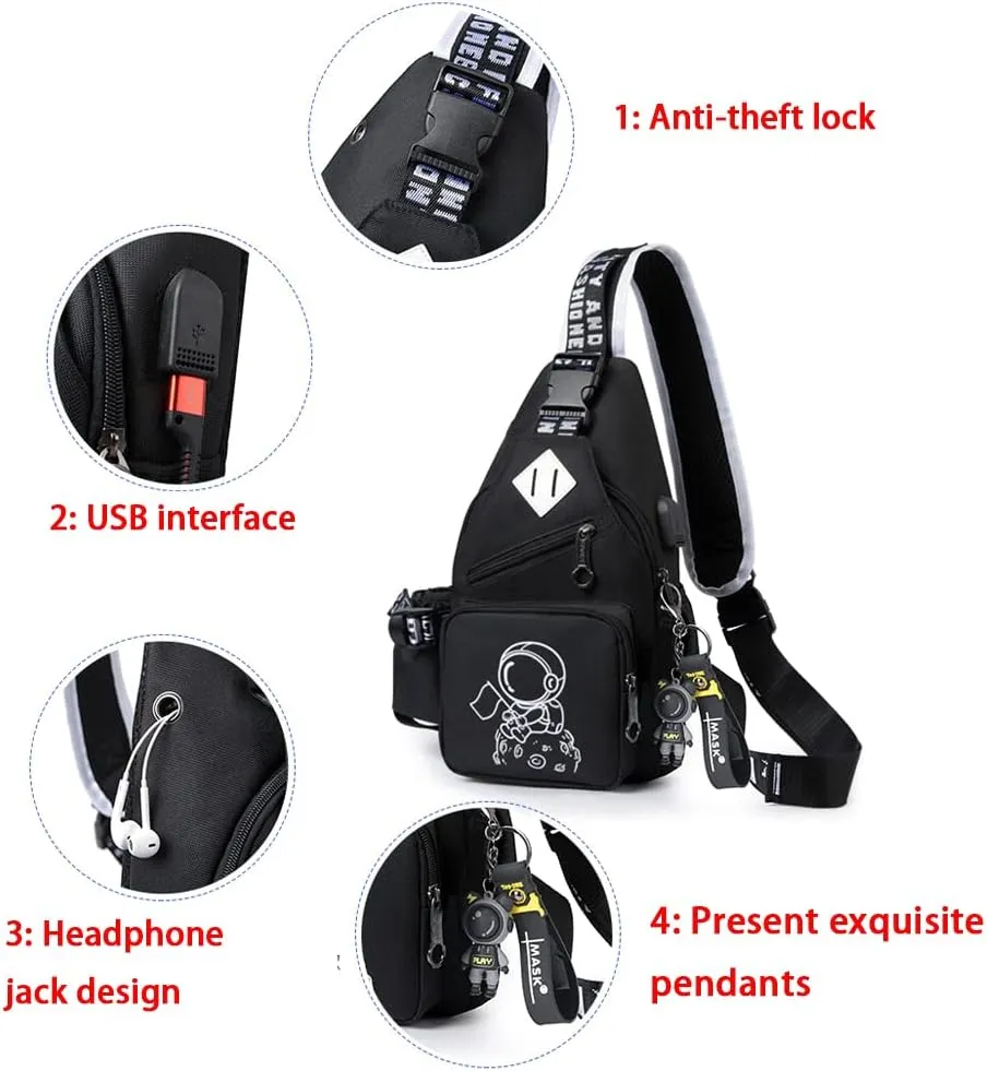 Fashion One-Shoulder Backpack with USB Port and Earphone Hole, Luminous Pattern (Black)