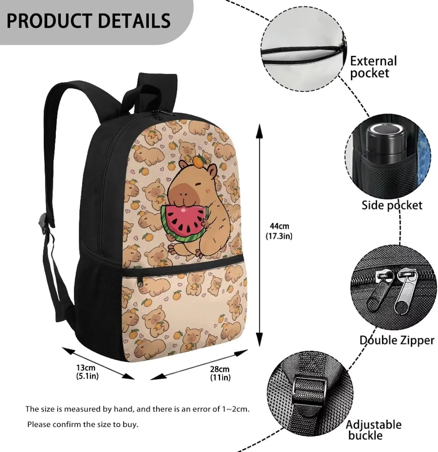 Fashionable School Backpack for Primary Kids,17 Inch Lightweight Classic Basic Bookbag Capybara Print Large Capacity with Adjustable Buckle and External Pocket for Summer Camp Vacation