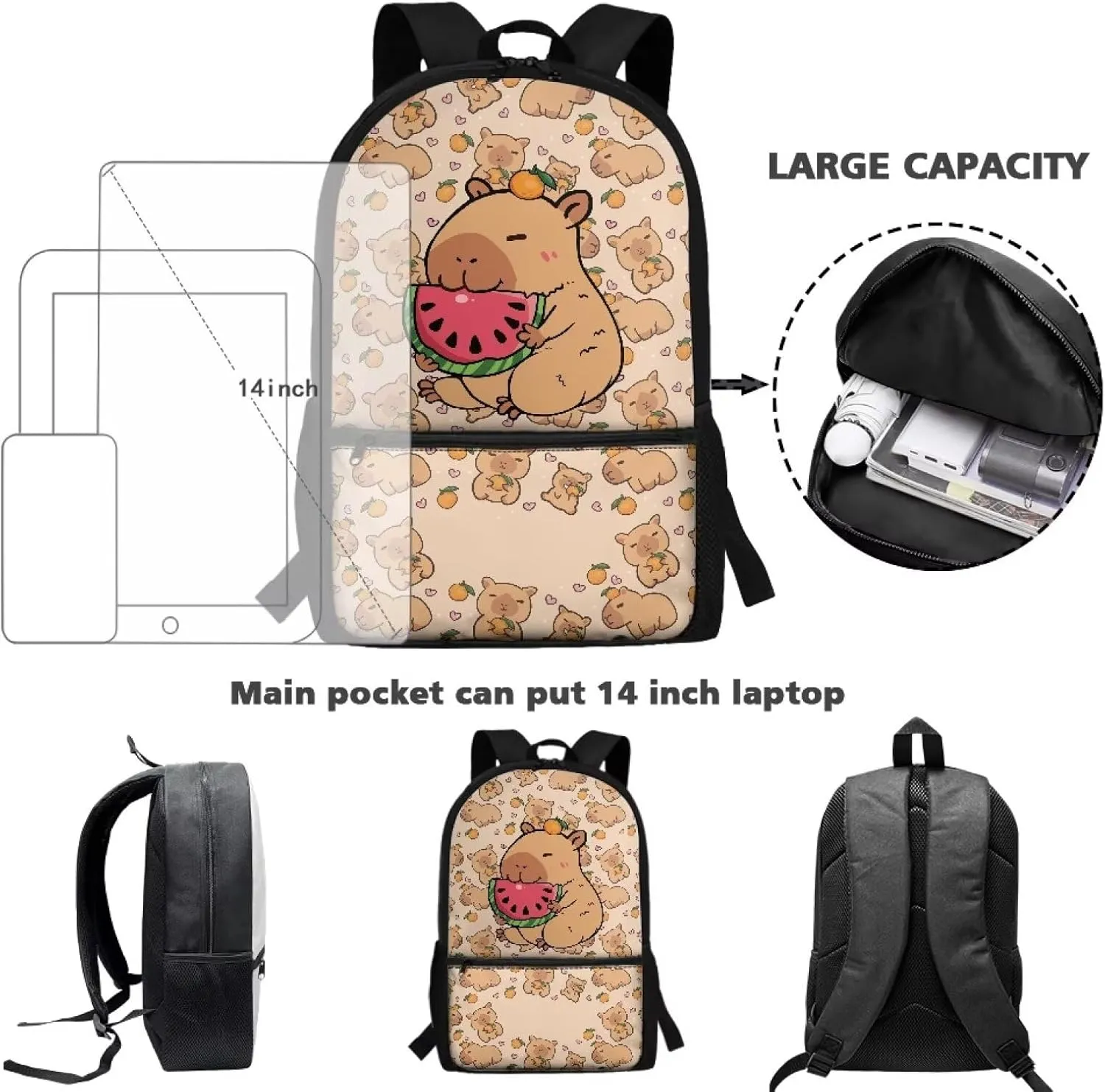 Fashionable School Backpack for Primary Kids,17 Inch Lightweight Classic Basic Bookbag Capybara Print Large Capacity with Adjustable Buckle and External Pocket for Summer Camp Vacation