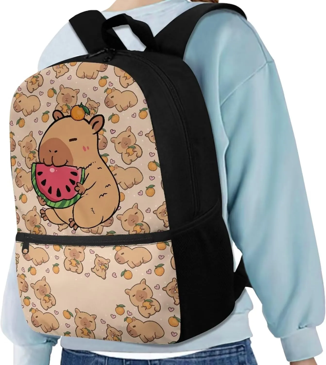 Fashionable School Backpack for Primary Kids,17 Inch Lightweight Classic Basic Bookbag Capybara Print Large Capacity with Adjustable Buckle and External Pocket for Summer Camp Vacation
