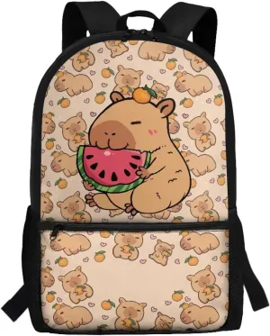 Fashionable School Backpack for Primary Kids,17 Inch Lightweight Classic Basic Bookbag Capybara Print Large Capacity with Adjustable Buckle and External Pocket for Summer Camp Vacation