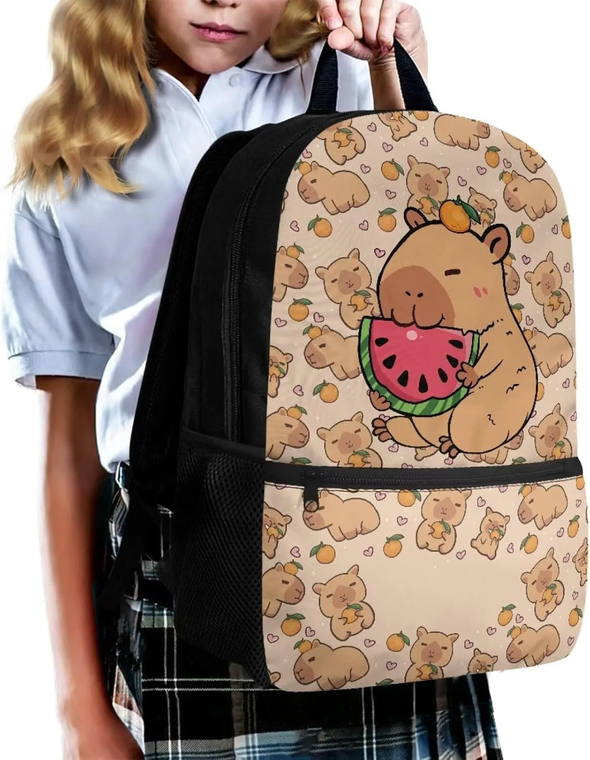 Fashionable School Backpack for Primary Kids,17 Inch Lightweight Classic Basic Bookbag Capybara Print Large Capacity with Adjustable Buckle and External Pocket for Summer Camp Vacation