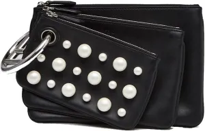 Fendi Women's Black Leather Pearl Studded Triplette Multi Clutch Handbag 8BS001