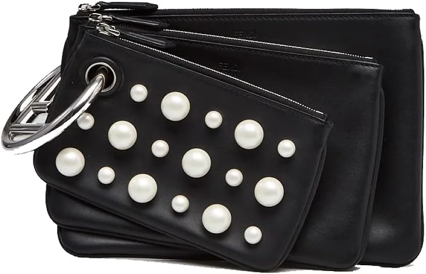Fendi Women's Black Leather Pearl Studded Triplette Multi Clutch Handbag 8BS001