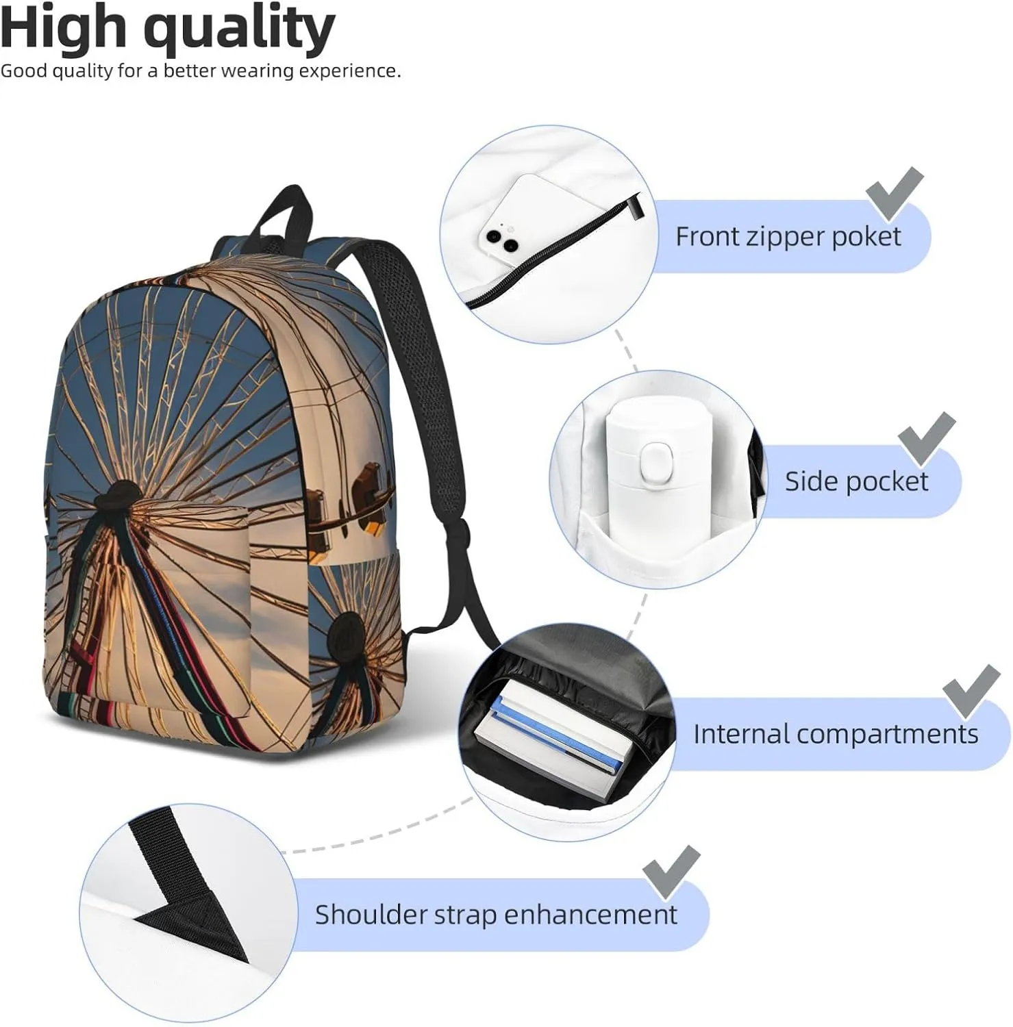 Ferris Wheel Large Canvas Backpack Lightweight Adjustable Laptop Bag Casual Backpack For Travel Work Small