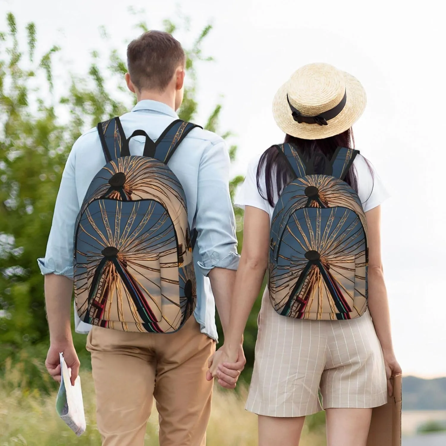 Ferris Wheel Large Canvas Backpack Lightweight Adjustable Laptop Bag Casual Backpack For Travel Work Small