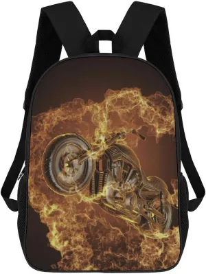 Fire Motorbike Dangerous Sport 17 Inch Travel Backpack Casual Daypacks Computer Shoulder Bag for Work Shopping Unisex