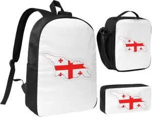 Flag Map of Georgia print Backpack Set Casual Shoulder Bag Lunch Bag Pen Pouch 3 in 1 Set 17inch for Women Men College