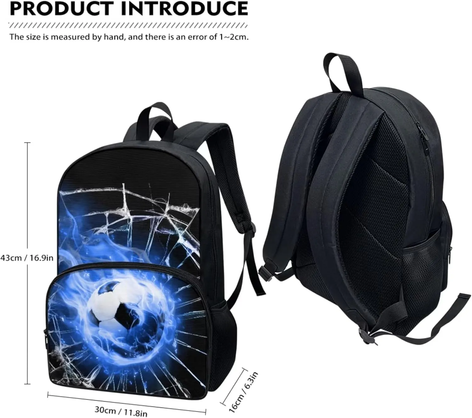 Flame Football Kids Backpack for Boys, Preschool Elementary School Bag Lightweight 3Pcs Boys Backpack Set with Insulated Lunch Box Pencil Organizer Box