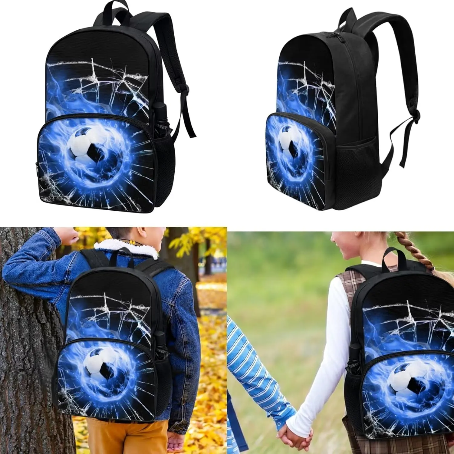 Flame Football Kids Backpack for Boys, Preschool Elementary School Bag Lightweight 3Pcs Boys Backpack Set with Insulated Lunch Box Pencil Organizer Box