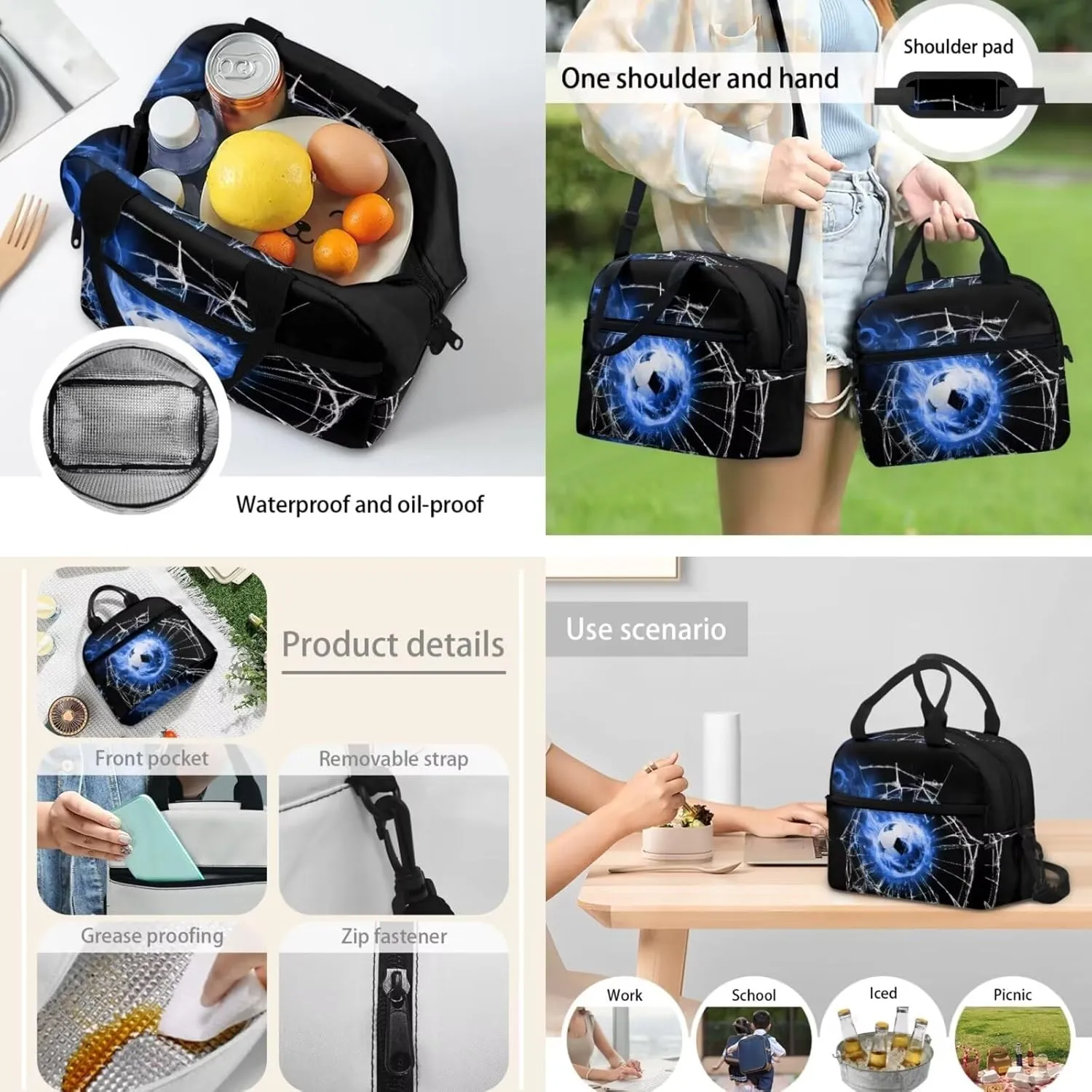Flame Football Kids Backpack for Boys, Preschool Elementary School Bag Lightweight 3Pcs Boys Backpack Set with Insulated Lunch Box Pencil Organizer Box