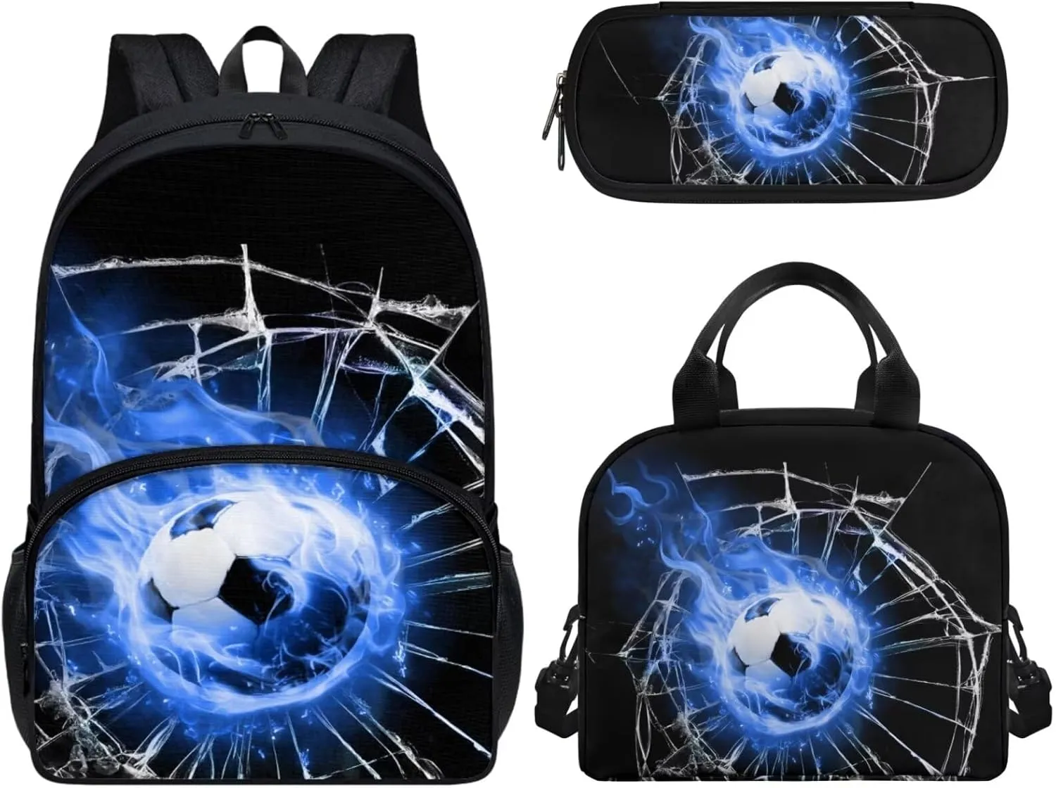 Flame Football Kids Backpack for Boys, Preschool Elementary School Bag Lightweight 3Pcs Boys Backpack Set with Insulated Lunch Box Pencil Organizer Box
