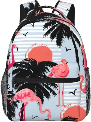 Flamingos Palm Trees Sun Backpack Lightweight Laptop Backpack Casual Daypack Travel Double Shoulder Bag For Women Men