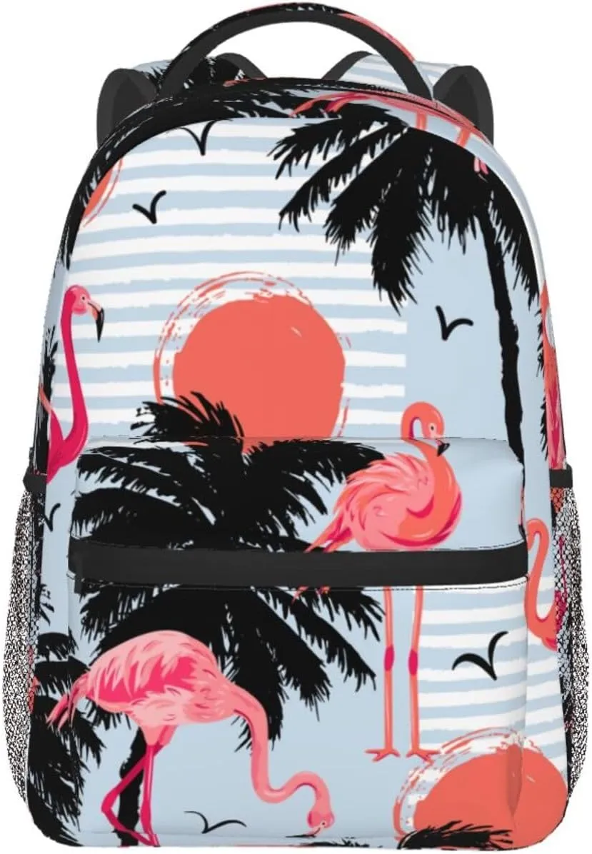 Flamingos Palm Trees Sun Backpack Lightweight Laptop Backpack Casual Daypack Travel Double Shoulder Bag For Women Men