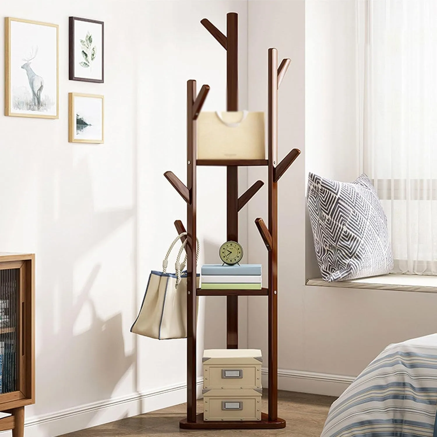 Floor-Standing Clothes Hanger Simple Coat Rack Home Rental House Clothes Hanger Bag Rack Storage Multi-Functional Hat Rack for Living Room Bedroom Hallway Entryway,B