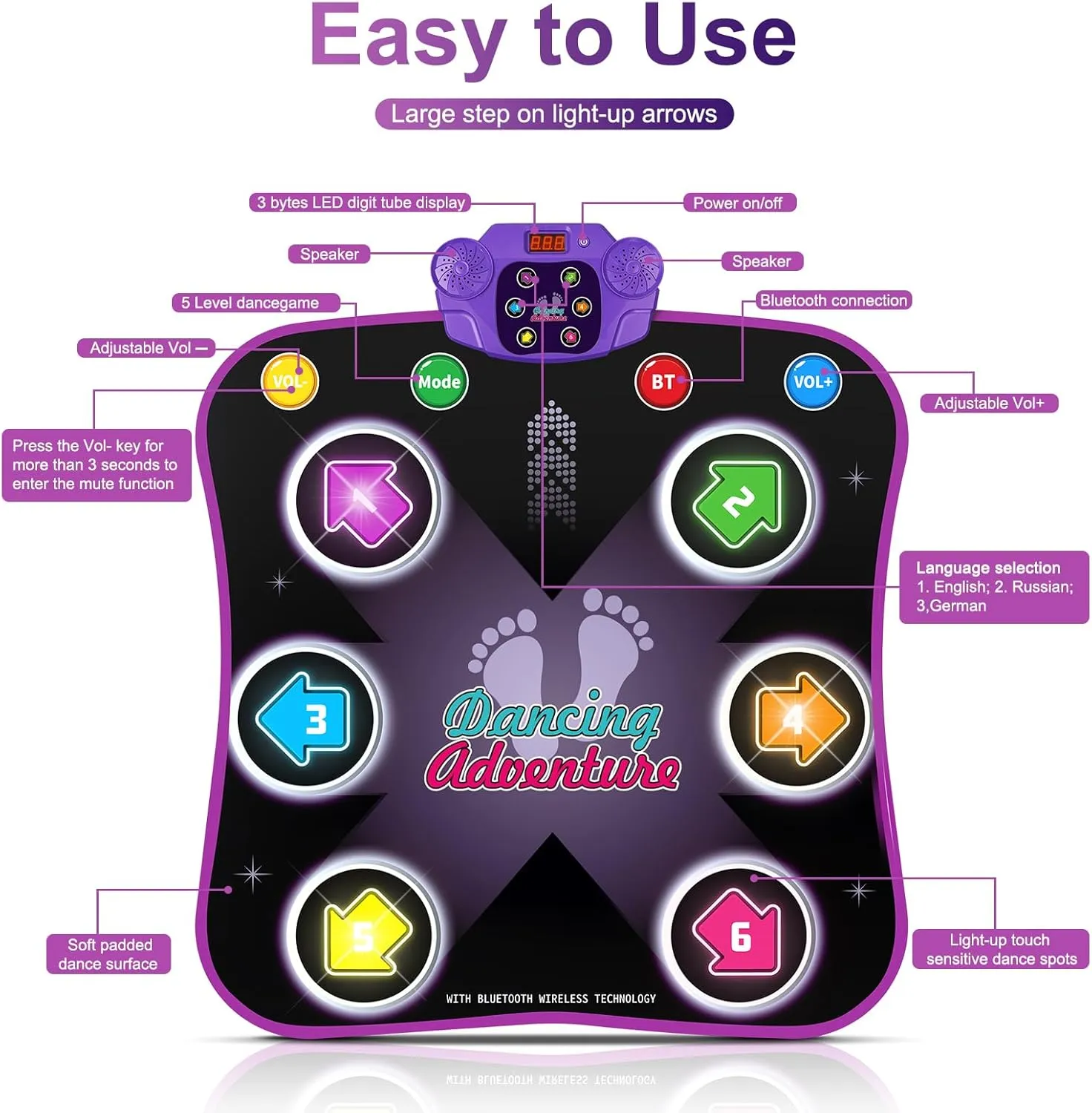 Flooyes Dance Mat Toys for 3-12 Year Old Kids, Electronic Dance Pad with Light-up 6-Button Wireless Bluetooth, Music Dance with 5 Game Modes, Birthday Toys Gifts for 3 4 5 6 7 8 9 10  Year Old Girls