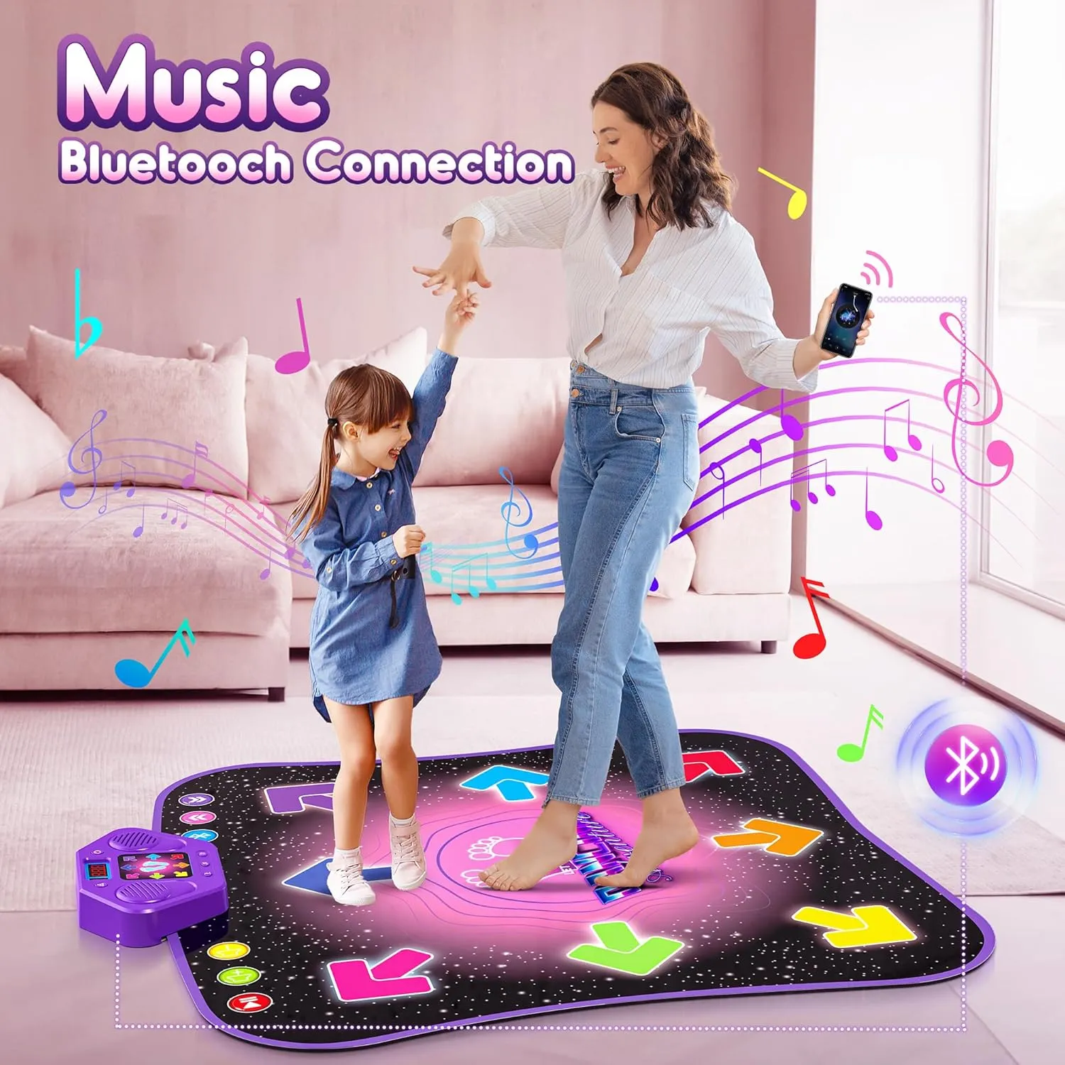 Flooyes Dance Mat Toys for 3-12 Year Old Kids, Electronic Dance Pad with Light-up 8-Button Wireless Bluetooth, Music Dance with 5 Game Modes, Birthday Toys Gifts for 3 4 5 6 7 8 9 10  Year Old Girls