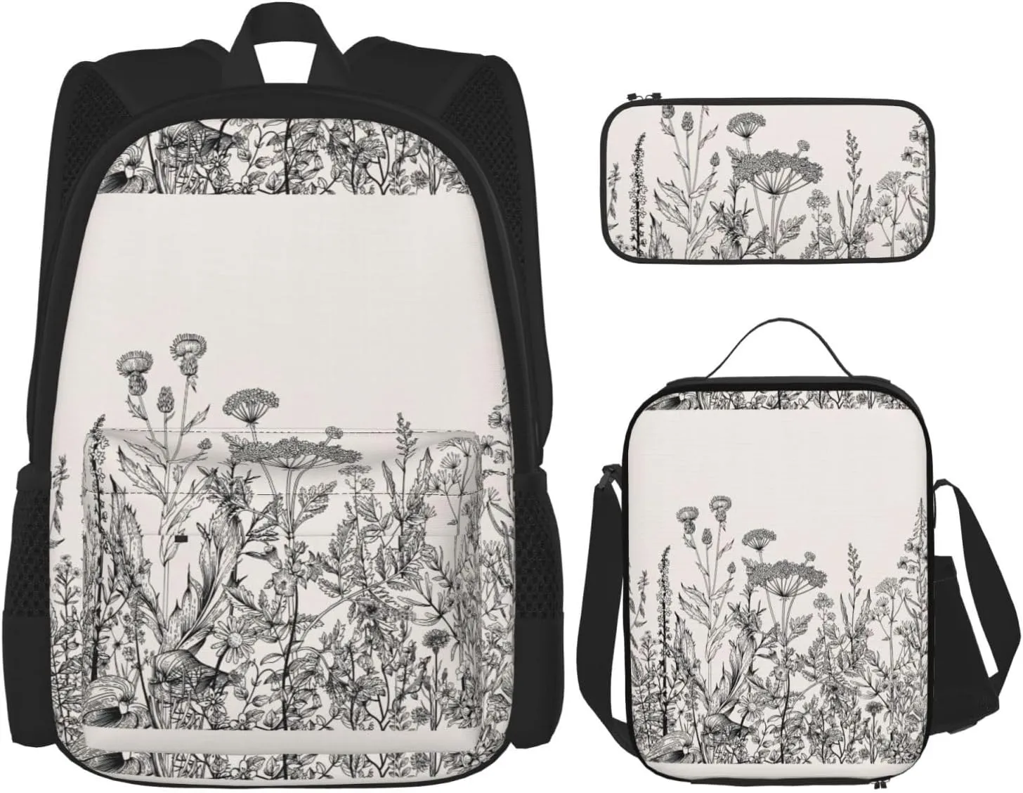 Floral Herbs Botanical Engraving Print Comfortable Adjustable Shoulder Casual Fashion Backpack Lunch Bag Pencil Case