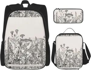 Floral Herbs Botanical Engraving Print Comfortable Adjustable Shoulder Casual Fashion Backpack Lunch Bag Pencil Case
