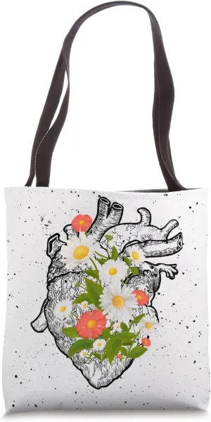 Floral Human Heart Line Art Daisy Flower Anatomy Medicine Tote Bag