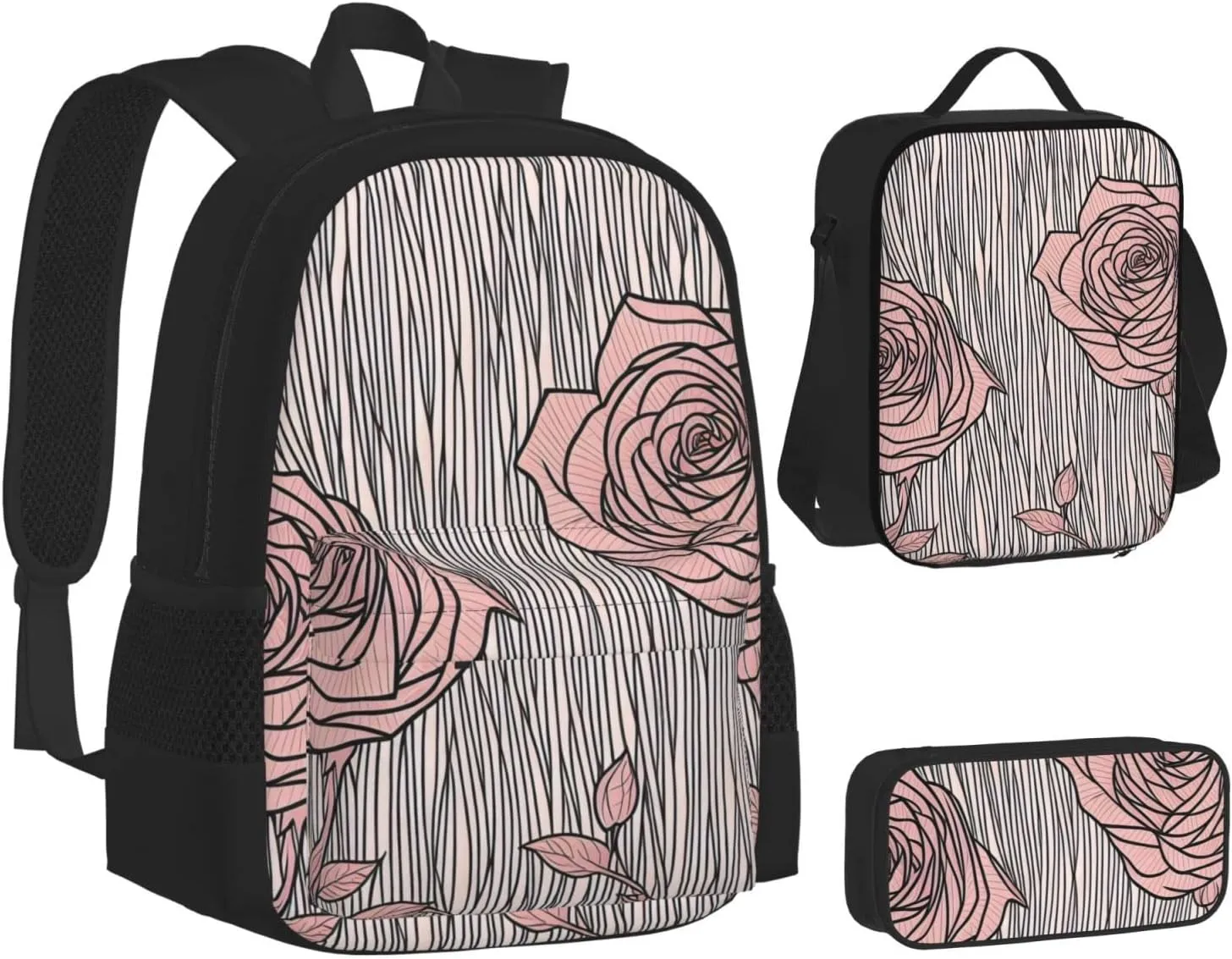 Flowers Pattern Three-Piece Backpack Set With Pocket Backpack Cross-Body Lunch Bag Pen Bag For Travel Daypack