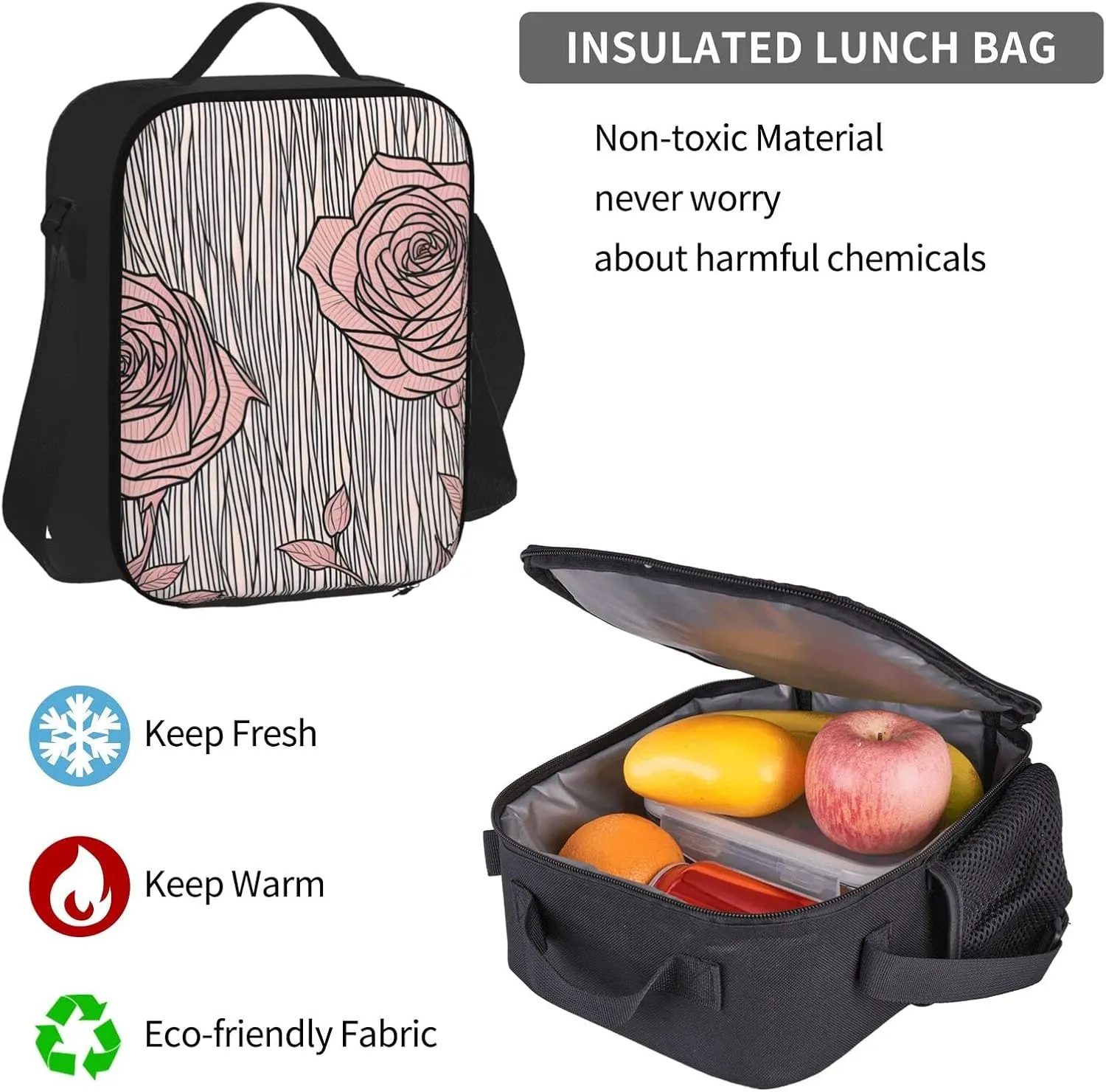 Flowers Pattern Three-Piece Backpack Set With Pocket Backpack Cross-Body Lunch Bag Pen Bag For Travel Daypack