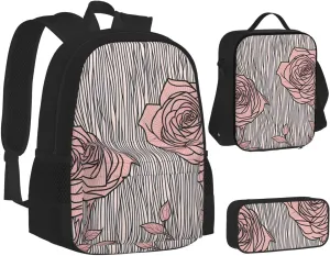 Flowers Pattern Three-Piece Backpack Set With Pocket Backpack Cross-Body Lunch Bag Pen Bag For Travel Daypack
